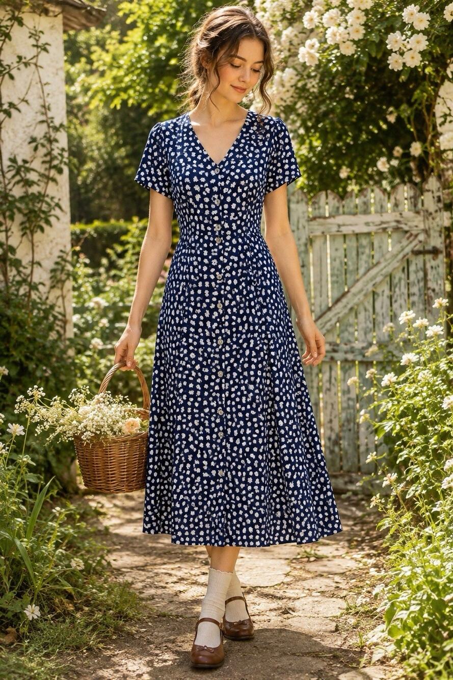 90s VTG Boutique Europa Dress Size 12 Navy White Floral Rayon Prairiecore Midi